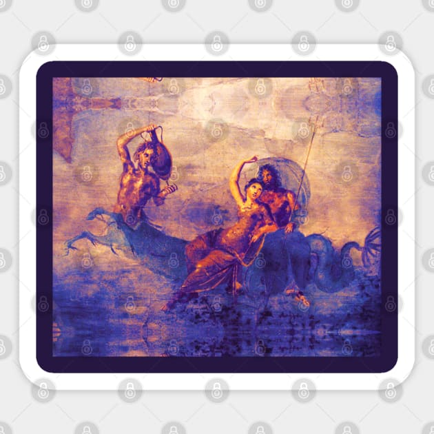 NEPTUNE AND AMPHITRITE WITH A HIPPOCAMPUS Pompeii Roman Fresco in Blue Sticker by BulganLumini